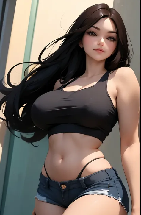 (best quality, masterpiece:1.2), Sketch full view of a hot looking fair skin 29 year old woman standing in front of us. She has brown eyes and long straight black hair. She has big breasts, playful smile. She has a nice curvy physique. She is wearing a cro...