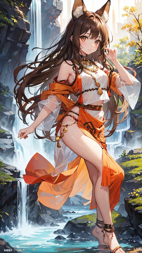 8k, best quality, (lifelike:1.4), original photo, 1 girl, Brown hair, fox ears, tribal attire, posture: dancing under waterfall, amber eyes