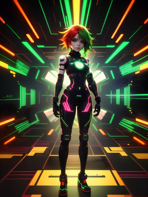 solo, 1girl, full body nude, (electric red green hair), (electric yellow eyes), ((Cyber punk outfit)), (symmetrical eyes), (Perfect face), (Perfect Anatomy), (looking at viewer), (cyber shot), ((Glitch Art background)), (glitch art:1.3) ((glitch effect)), ...