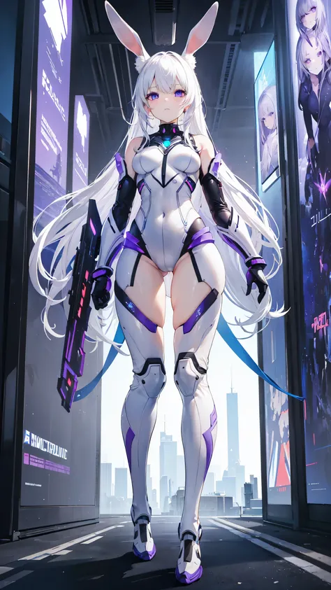 8k, best quality, (lifelike:1.4), original photo, 1 girl, White hair, rabbit ears, futuristic suit, posture: standing on skyscraper edge, violet eyes