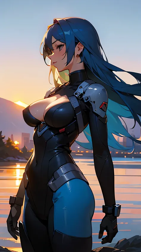 game cg, landscape/scenery, sky, sunset, mature female, adult lady like woman, blue hair, medium breasts, big breasts