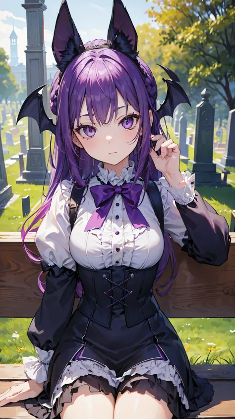 8k, best quality, (lifelike:1.4), original photo, 1 girl, Purple hair, bat ears, Victorian attire, posture: sitting on cemetery bench, crimson eyes