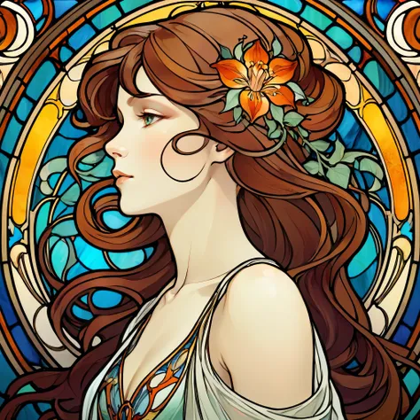 An elegant Art Nouveau stained glass portrait of a woman with flowing hair and intricate floral patterns, in the style of Alphonse Muchas iconic works.