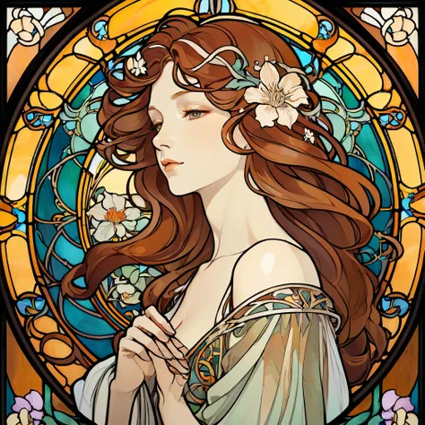 an elegant art nouveau stained glass portrait of a woman with flowing hair and intricate floral patterns, in the style of alphon...