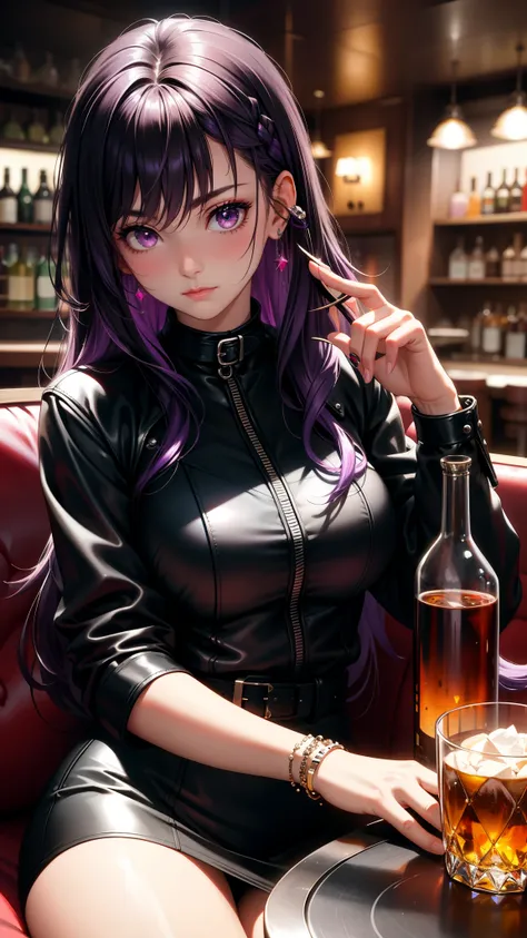 (best quality:1.1), (Masterpiece:1.2), High quality shadow, beautiful details, Beautiful face, Detailed eyes, depth of field, high resolution, best shadow, best light, 1 girl, see the audience, shiny purple hair, smooth, blunt, long hair, ruby pink eyes, s...