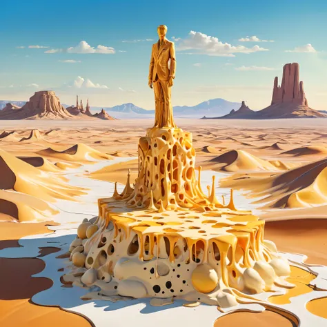 A surreal, dreamlike scene featuring a towering statue made entirely of melted cheese, set against a barren desert landscape, reminiscent of the works of Salvador Dalí.