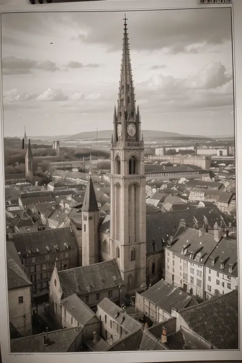 A detailed drawing of a great medieval city seen from an upper angle