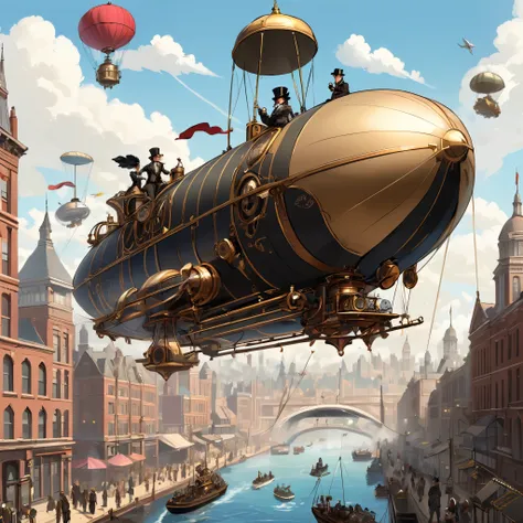 a victorian-era city filled with intricate clockwork machinery and steam-powered contraptions, with airships soaring overhead an...