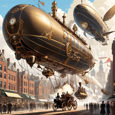 a victorian-era city filled with intricate clockwork machinery and steam-powered contraptions, with airships soaring overhead an...