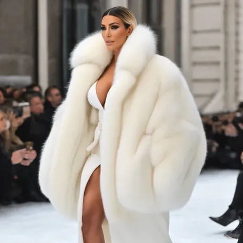 A very wide and very thick, manteau de fourrure extra long, en vison blanc, fifty centimeters thick, duveteux, naturel, with an ultra thick white mink fur collar, three layers, sur Kim Kardashian, fully nude profile view, she shows at Milan fashion week, b...