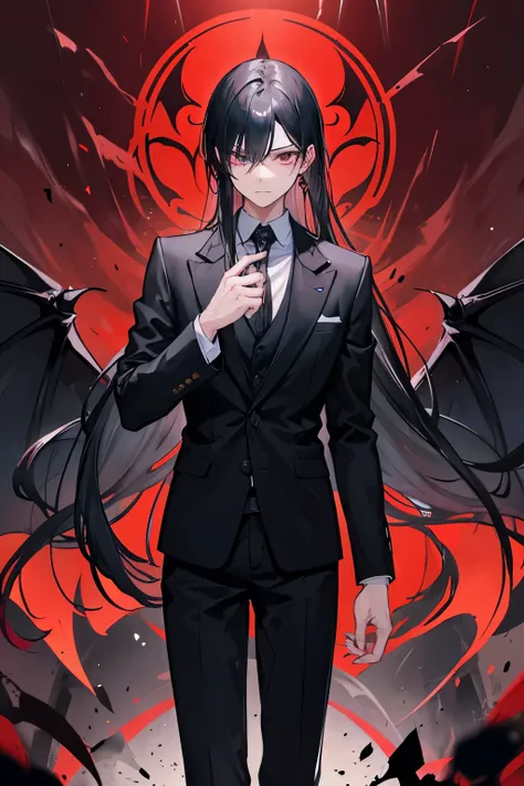 a guy with mid-length, black hair. his hair is parted down the middle and is groomed. he wears formal attire in all black. he has a confident look and appears to be intelligent. his eyes are red. he is lean and tall. he is in the underworld, surrounded by ...