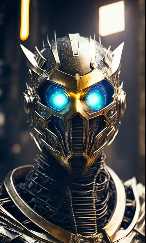 breathtaking cinematic science fiction photo of a portrait of a non human masked grim wrapped in white and gold chrome metal ski...