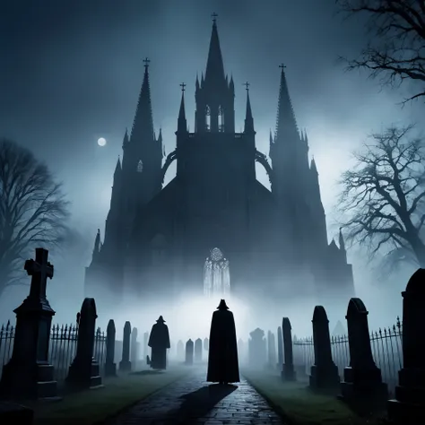 a dark, ominous gothic cathedral looming over a foggy graveyard, with eerie shadows and haunting figures lurking in the backgrou...