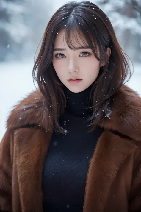 (table top、highest quality、8K、Award-winning work、ultra high resolution)、one beautiful woman、(Wear a thick, large fur coat and a turtleneck knit elegantly:1.3)、that&#39;s right、brown hair、(short hair:1.1)、epic movie lighting、(Romantic affection:1.1)、(The mo...