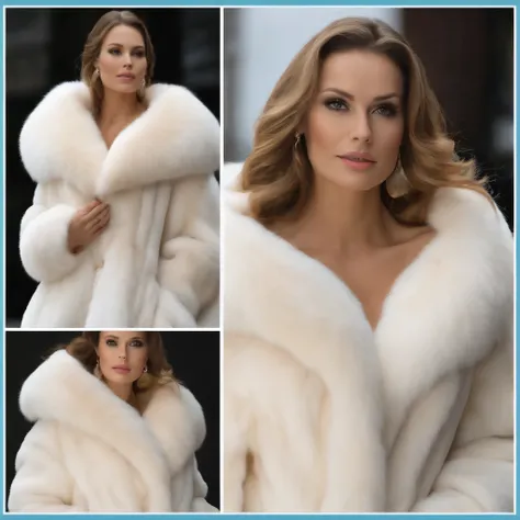 A very wide and very thick, manteau de fourrure extra long, en vison blanc, fifty centimeters thick, duveteux, naturel, with an ultra thick white mink fur collar, three layers, sur une jeune suedoise hyper jolie et sensuele , , fully nude , with two very l...