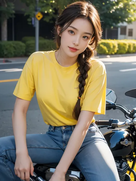 (masterpiece:1.3), (8K, realistic, Raw photo, highest quality:1.4), (realistic face), (brown hair, braided hair:1.3), beautiful hairstyle, realistic eyes, Detailed and beautiful blue eyes, (realistic skin), (beautiful skin), (((Straddling a motorcycle))), ...