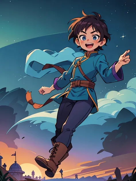 1boy, solo, solo focus, age 10-12, ancient chinese swordsman costume, royal blue costume, brown boots, dark purple hair, short hair, fluffy hair, green eyes, :d, blush, naive, outer space, science fiction landscape, night, starry sky, castle at the backgro...