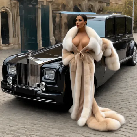 
A very wide and very thick, very long sand mink fur coat, fifty centimeters thick, duveteux, naturel, with an ultra thick white and sand mink fur collar, three layers, sur Kim Kardashian, fully nude front view, bare shoulders, and two large breast discove...