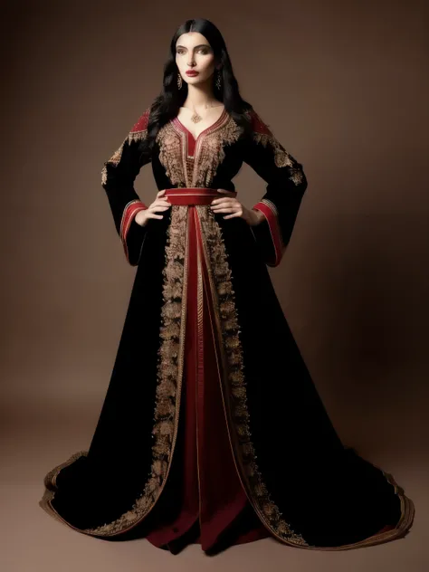 [professionnel::0.3][Complexe:0.3:0.7][digital:0.7]-la photographie, mannequin, art conceptuel fantastique, photographie d&#39;a black-haired woman named “Fatima&#39;edgCaftan », robe-rouge , porter un caftan tendance, magnifique, pictural, epic, majestueu...