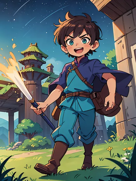 1boy, solo, solo focus, age 10-12, ancient chinese swordsman costume, royal blue costume, brown boots, dark purple hair, short hair, fluffy hair, green eyes, :d, blush, naive, walking, outer space, science fiction landscape, night, starry sky, castle at th...