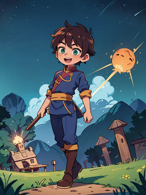 1boy, solo, solo focus, age 10-12, ancient chinese swordsman costume, royal blue costume, brown boots, dark purple hair, short hair, fluffy hair, green eyes, :d, blush, naive, walking, outer space, science fiction landscape, night, starry sky, castle at th...