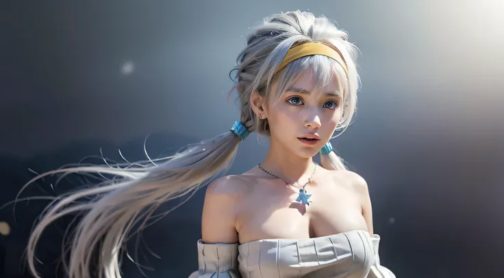 VELZARD, BANGS, BLUE EYES, GREY HAIR, HAIR BETWEEN EYES, LONG HAIR, TWINTAILS, YELLOW HAIRBAND, BARE SHOULDERS, JEWELRY, NECKLACE, DRESS, CLEAVAGE, DETACHED SLEEVES, BLUE SKIRT, 1girl, solo, upper body, facing viewer, looking at viewer, smile,