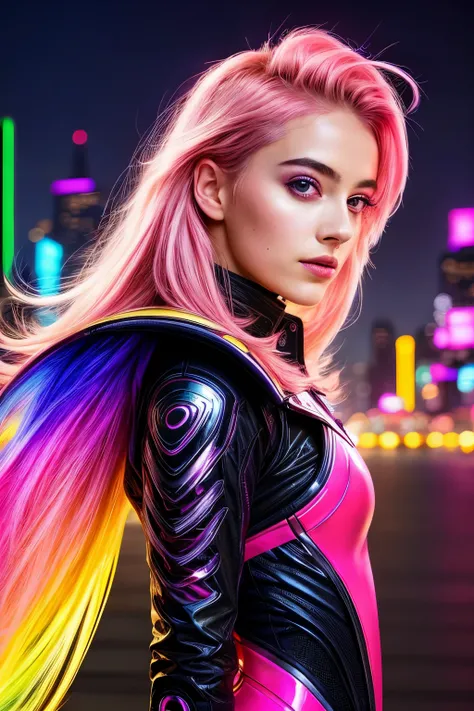 Pretty girl with pink hair, donning a futuristic fashion ensemble, adorned with hues of pink and gold, flaunts captivating pink lips under neon-lit cityscapes. Her rainbow cascading tresses radiate ethereal charm, reflecting the shimmering lights in a high...