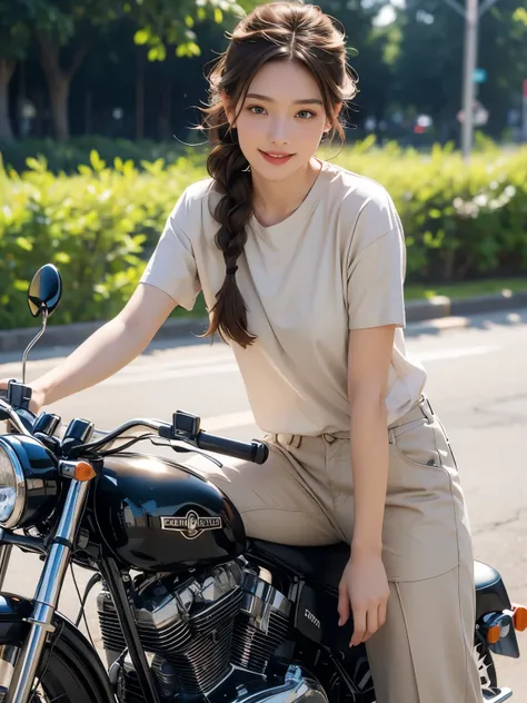 (masterpiece:1.3), (8K, realistic, Raw photo, highest quality:1.4), (realistic face), (brown hair, braided hair:1.3), beautiful hairstyle, realistic eyes, Detailed and beautiful blue eyes, (realistic skin), (beautiful skin), (((Straddling a motorcycle))), ...