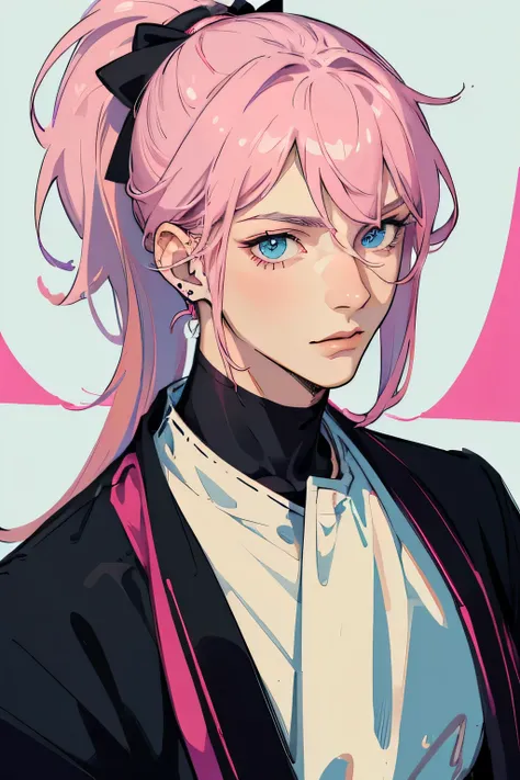 young man, Mask on half of the face, pink hair, Blue eyes, High detail, sharp facial features, Hair gathered in a high ponytail, modern clothes, piercing, shirt