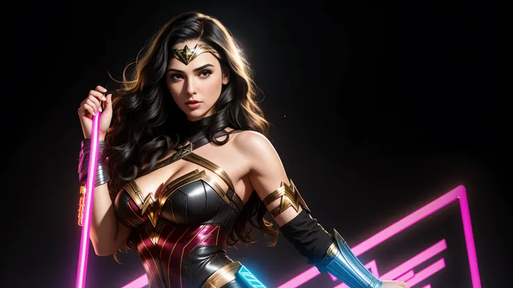 there  IS GAL GADOT AS WONDER WOMAN standing, long hair, 3 d neon art of a womans body, neon-noir background, cyberpunk femme fatale, seductive cyberpunk dark fantasy, cyberpunk strip clubs, cyberpunk 20 y. o model girl, oppai cyberpunk, banner, high defin...