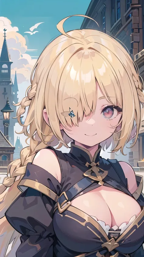 tits、cleavage, smile, face palm、middle ages, fantasy, floating city, breasts close up, blonde　((((((hair over one eye)))))), Braid Styles, spiked hair, blunt bangs, bob hair, a braid, Ahoge　red eyes, off shoulder,  