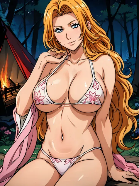 (sitting on camping chair), infront of fire camp, red tent, flower pattern bikini, (night forest background), matsumoto rangiku, takeda hiromitsu style, anime cels style, best quality, high resolution, (huge breasts:1.3), cowboy shot, (potrait body), blush...