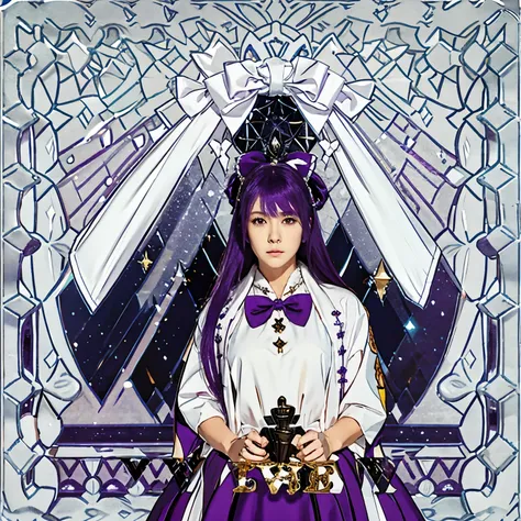 Beautiful, sweet, white, purple hair, long hair, outstanding hair style, gorgeous outfit, ryousangata otaku style, with a bow on her head and a ghost.