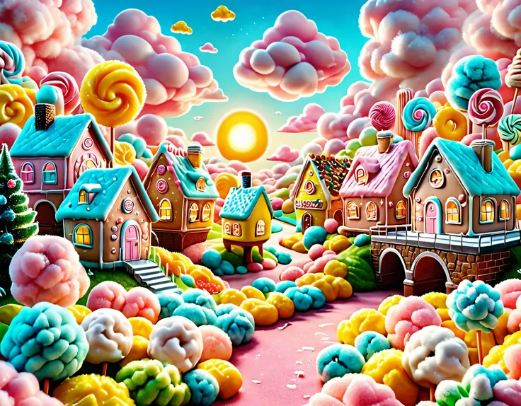 general shot: 1.5, ((beautiful world of sweets and candies, city with cookie buildings, bridges made of chocolate bars, trees ma...