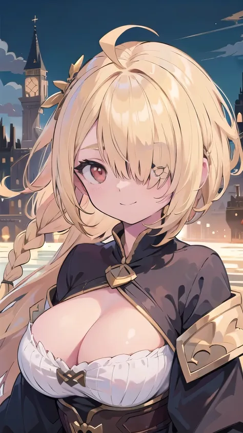 tits、cleavage, smile, face palm、middle ages, fantasy, floating city, breasts close up, blonde　((((((hair over one eye)))))), Braid Styles, spiked hair, blunt bangs, bob hair, a braid, Ahoge　red eyes, off shoulder,  