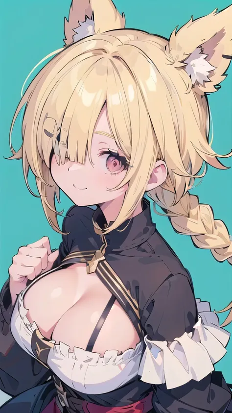 tits、cleavage, smile, face palm、breasts close up, blonde　((((((hair over one eye)))))), Braid Styles, spiked hair, blunt bangs, bob hair, a braid, Ahoge　red eyes, off shoulder,  From above, From the side, standard bearer