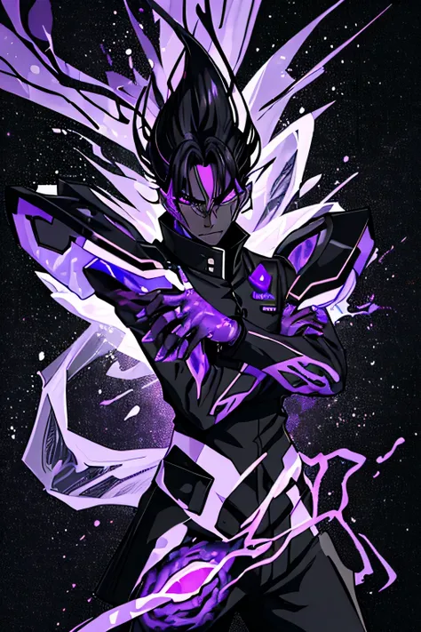 He turns into his original form, a soldier in a black uniform with a purple core and hands full of purple energy.