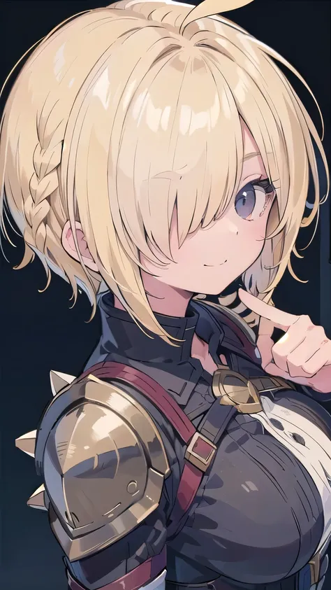 tits、smile, face palm、breasts close up, blonde　((((((hair over one eye)))))), Braid Styles, spiked hair, blunt bangs, bob hair, a braid, Ahoge　red eyes, , From above, From the side, armored dress