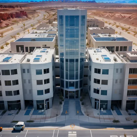 aerial view of Modern building skycraper robust white futuristic LED illuminated blue windows and doors, set in Utah desert orange sunny day realistic texture illuminated ambient day sun city ESG, paved streets, bike paths, bridges and traffic