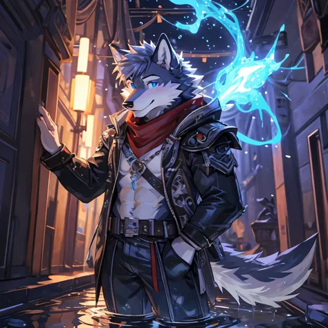 Solo wolf orc conservative and reserved staff male spellcasting naughty and weak blushing dancing warlock lively one hand behind the back dancing with tongue out elegant gray wolf elegant and cute water blue eyes water blue pupils rational dynamic posture ...