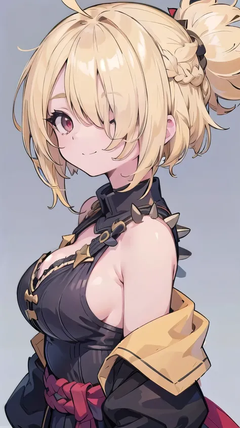 tits、cleavage, smile, face palm、breasts close up, blonde　((((((hair over one eye)))))), Braid Styles, spiked hair, blunt bangs, bob hair, a braid, Ahoge　red eyes, off shoulder,  From the side, standard bearer