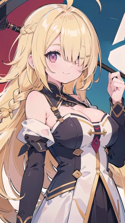 tits、cleavage, smile, face palm、breasts close up, blonde　((((((hair over one eye)))))), Braid Styles, spiked hair, blunt bangs, bob hair, a braid, Ahoge　red eyes, off shoulder,  from below, From the side, standard bearer