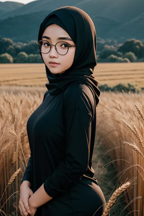 Detailed face of half body photo. 25 year old Indonesian girl with a sweet  face,  big  round face  round glasses wearing a black hijab with a long, tight black t-shirt, emphasize the curves of the body take a photo standing in a wheat field at dusk 