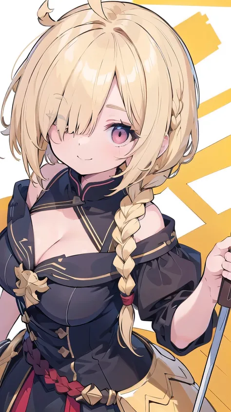 tits、cleavage, smile, face palm、breasts close up, blonde　((((((hair over one eye)))))), Braid Styles, spiked hair, blunt bangs, bob hair, a braid, Ahoge　red eyes, off shoulder,  From above, front, standard bearer