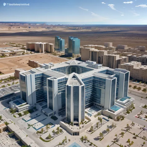 aerial view of Modern building skycraper robust white futuristic LED illuminated blue windows and doors, set in Utah desert orange sunny day realistic texture illuminated ambient day sun city ESG, paved streets, bike paths, bridges and traffic, afforestati...