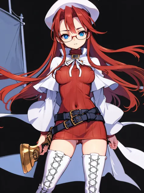 summonnightaty, aty, long hair, blue eyes, red hair, beret, hat, glasses,
BREAK long hair, thighhighs, hat, dress, boots, glasses, belt, cape, sweater, zettai ryouiki, beret, thigh boots, white footwear, ribbed sweater, loose belt,solo,
BREAK outdoors, fan...