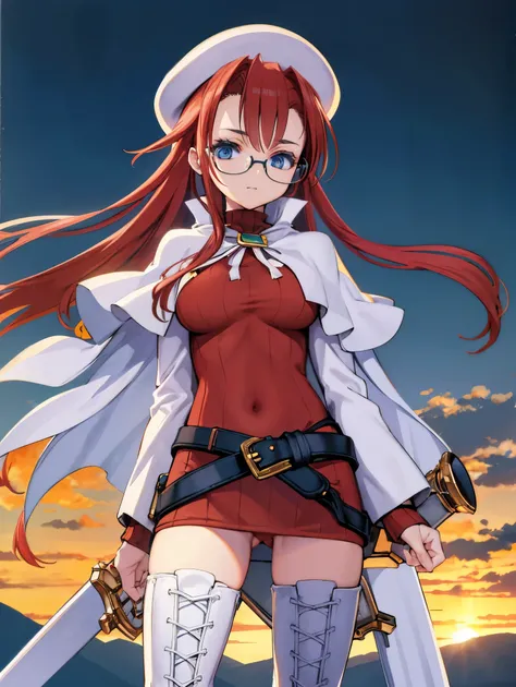 summonnightaty, aty, long hair, blue eyes, red hair, beret, hat, glasses,
BREAK long hair, thighhighs, hat, dress, boots, glasses, belt, cape, sweater, zettai ryouiki, beret, thigh boots, white footwear, ribbed sweater, loose belt,solo,
BREAK outdoors, fan...