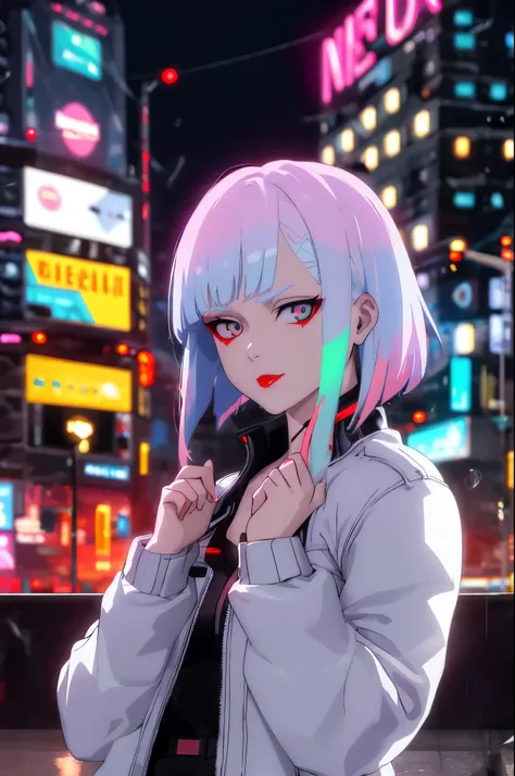 lucy walking in city \(cyberpunk\), looking a espectator, 1girl, hair scrunchie, hime-cut, silver hair, colored tips, full moon,...