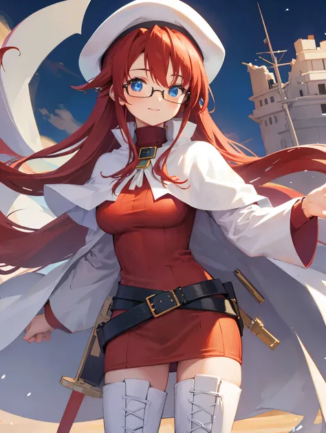 summonnightaty, aty, long hair, blue eyes, red hair, beret, hat, glasses,
BREAK long hair, thighhighs, hat, dress, boots, glasses, belt, cape, sweater, zettai ryouiki, beret, thigh boots, white footwear, ribbed sweater, loose belt,solo,
BREAK outdoors, fan...