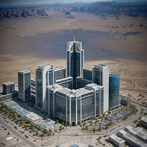 aerial view of Modern building skycraper robust white futuristic LED illuminated blue windows and doors, set in Utah desert orange sunny day realistic texture illuminated ambient day sun city ESG, paved streets, bike paths, bridges and traffic, afforestati...